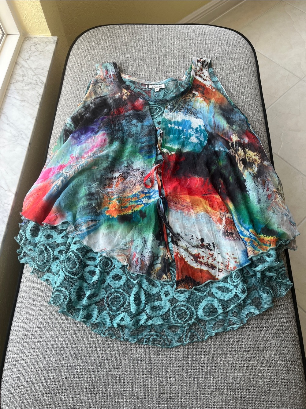 Celine Multicolor Abstract Print Layered Tank with Teal Lace Trim